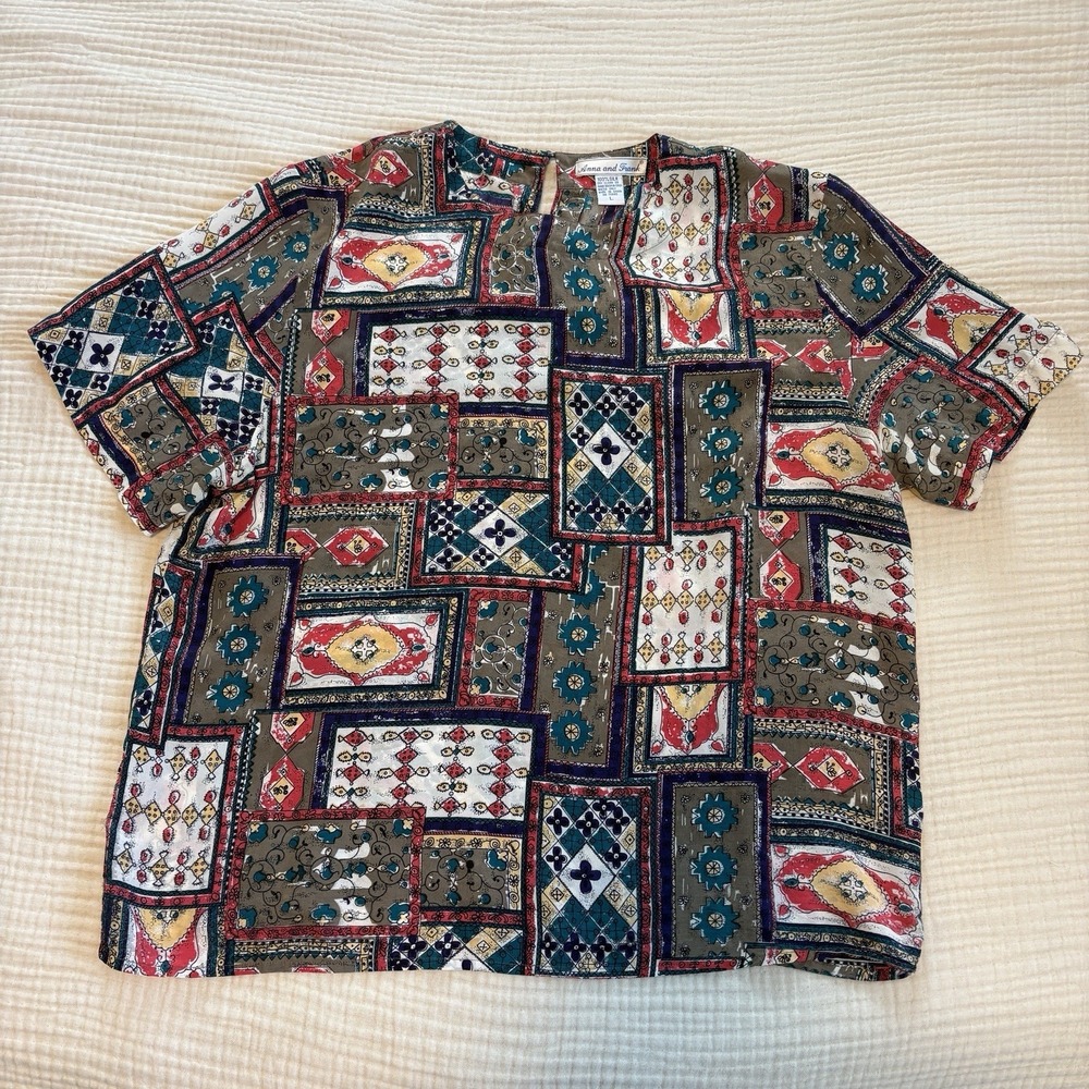 VTG Anna and Frank Top Womens Sz Large 100% Silk Shirt Floral Blouse Cottagecore